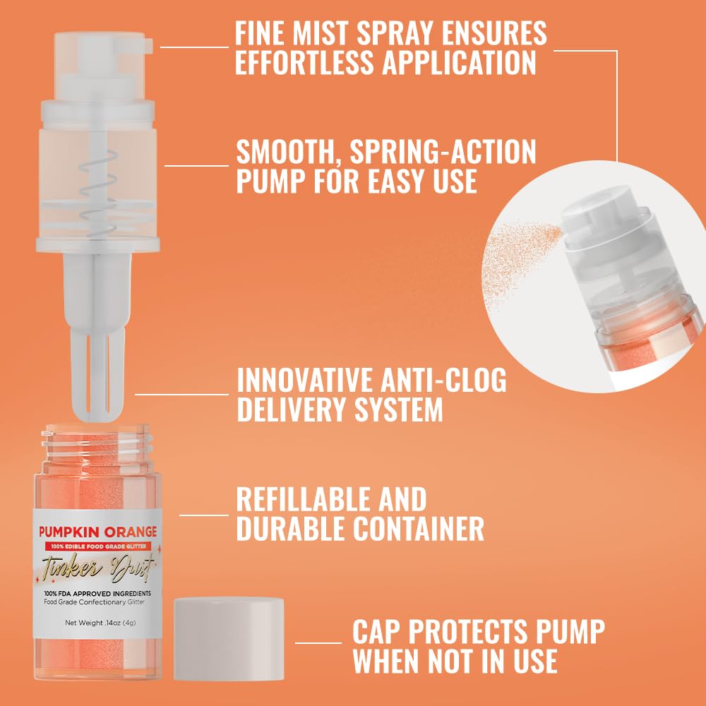 Bakell - Pumpkin Orange Tinker Dust (4g, 1x Mini Spray Pump) Edible Glitter for Food, Desserts, and Beverages!