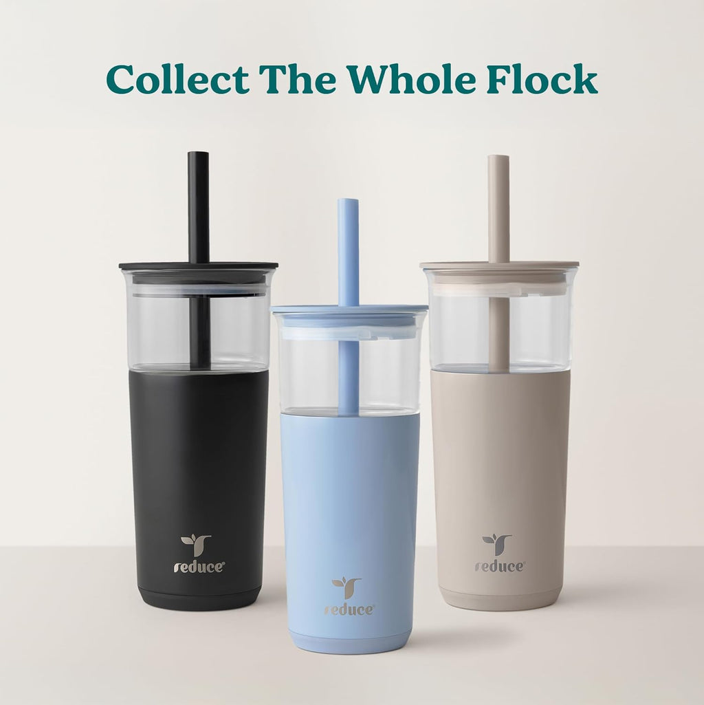 REDUCE Aspen 20 oz Vacuum Insulated Glass Tumbler with Lid & Extra Wide Straw - Keeps Drinks Cold for 12 Hrs - Ideal for Iced Coffee, Smoothies & Boba - Dishwasher Safe, Soft Base - Unbleached
