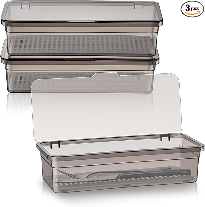 Remerry 3 Pcs Flatware Tray with Lid and Drainer, Plastic Utensil Organizer, Kitchen Cutlery Transparent Storage Box with Lid and Drain Rack, Drawer Tableware Storage Box for Home and Travel (Grey)