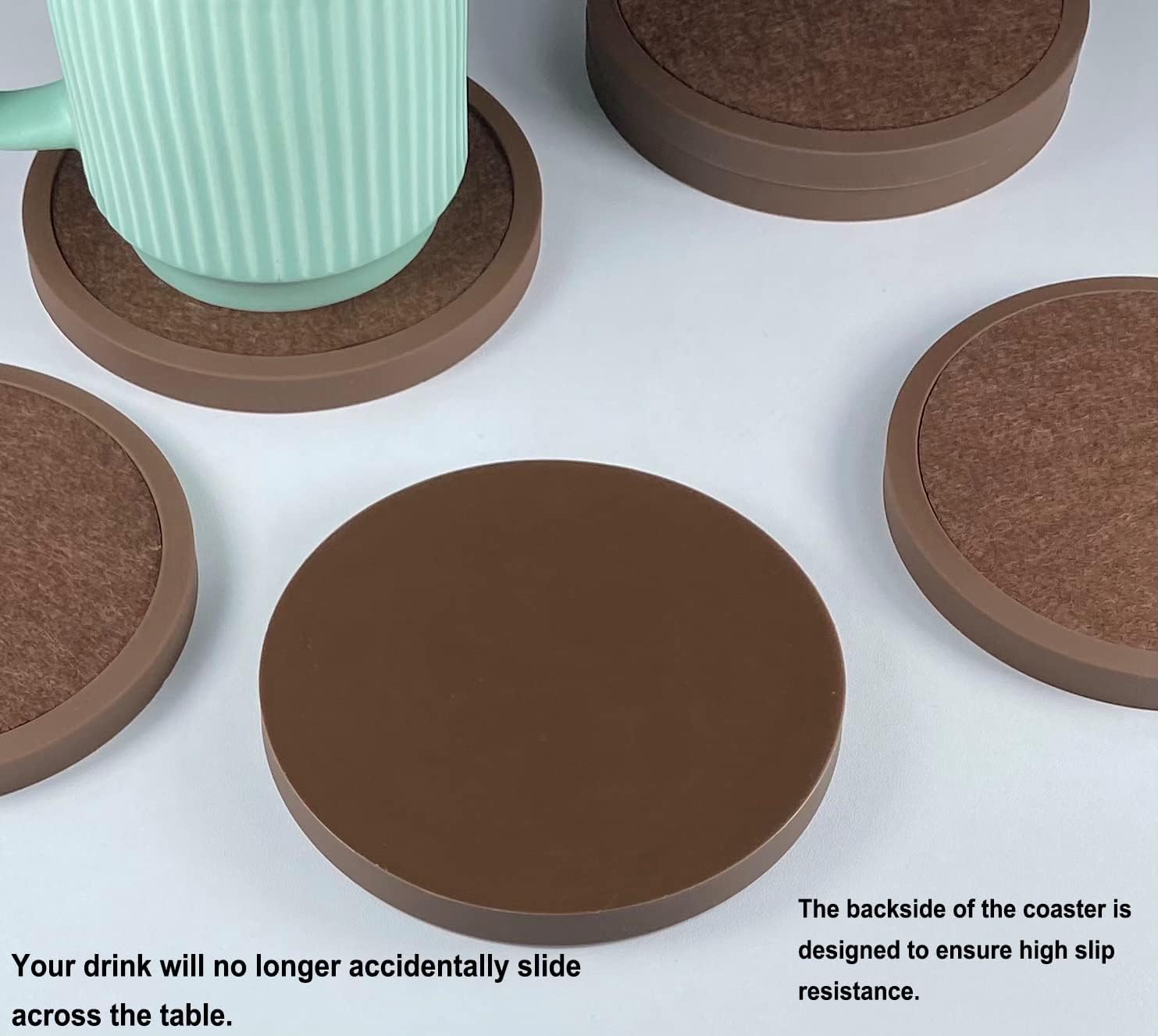Absorbent Coasters for Drinks with Holder - 6packs, Silicone Coaster with Soft Felt Insert (4.3 inch Coasters with 4.5 inch Holder, Brown)