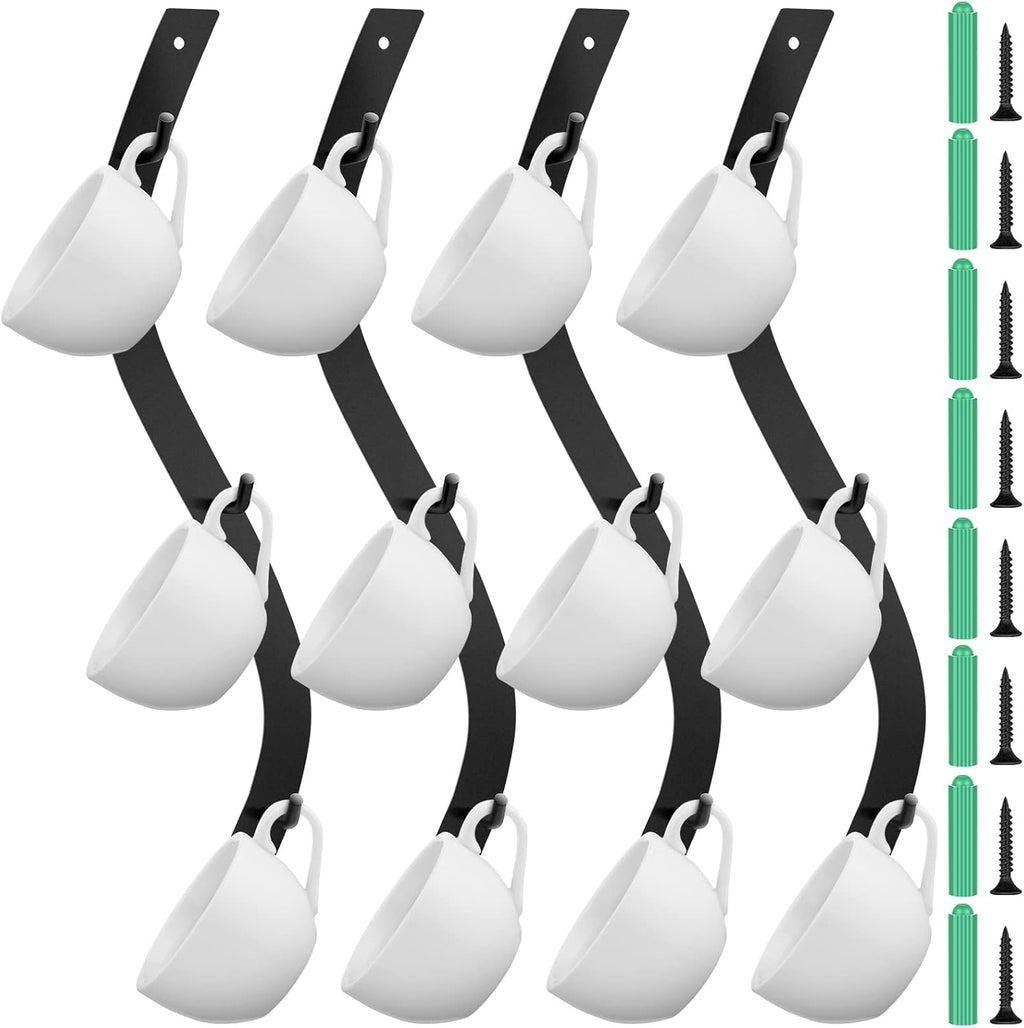 Sosation 4 Pack Coffee Mug Wall Rack Mounted with 12 Hooks S Curve Metal Coffee Cup Rack Wall Hanging Holder for Bar Kitchen Corner Station Decor Display