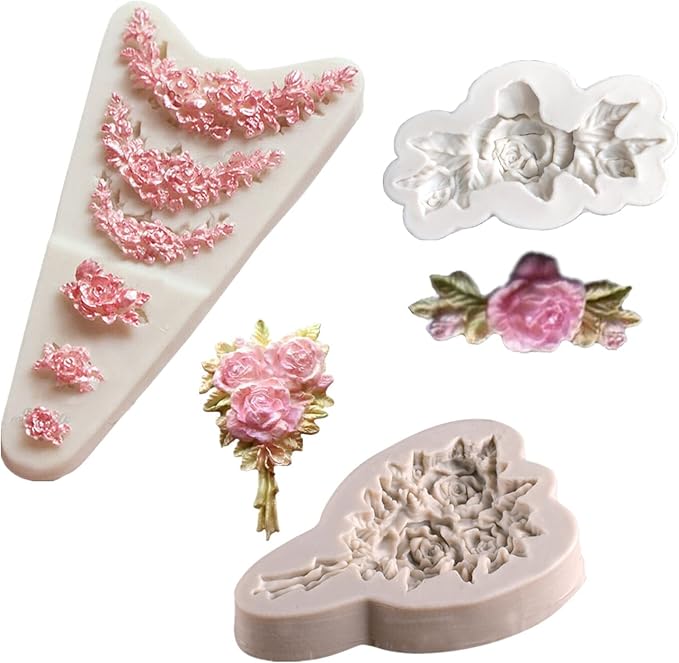 3Pcs Rose Wreath Flower Bouquet Leaves Fondant Molds for Wedding Cake Decorating Cupcake Topper Candy Chocolate Gum Paste Polymer Clay