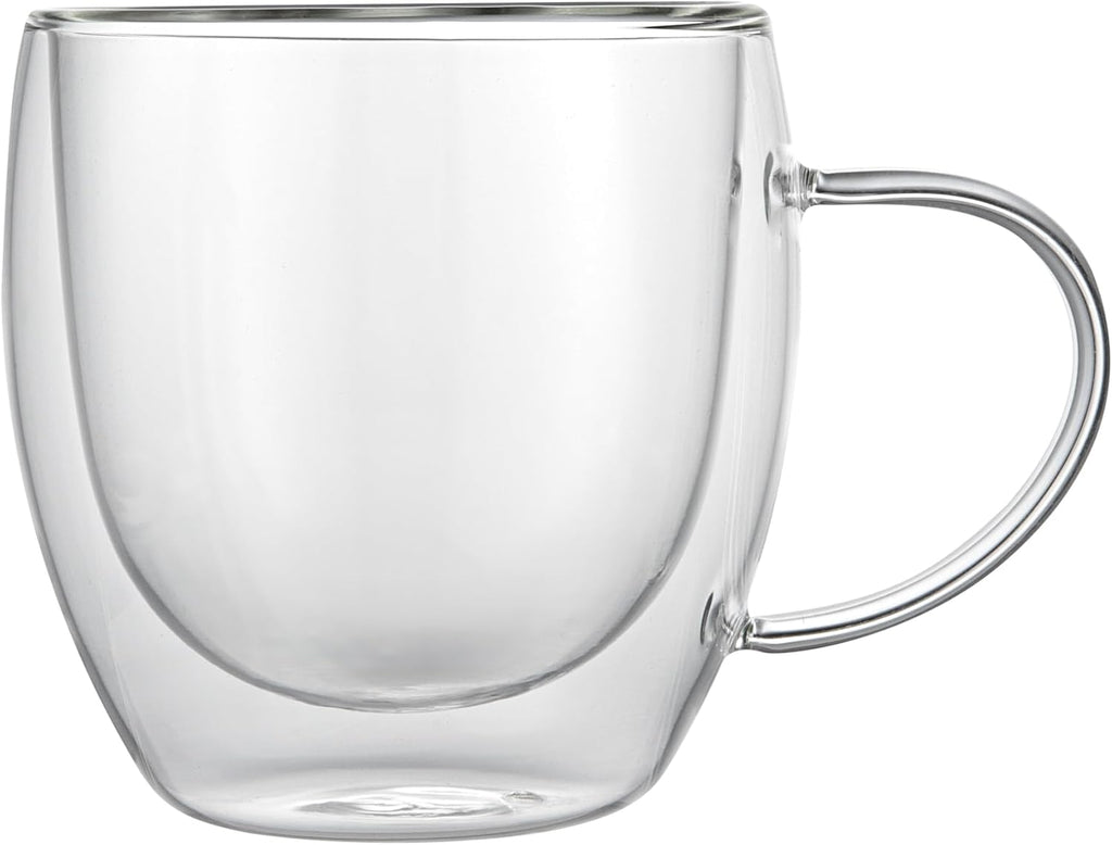 Restaurantware-Forma Professional 8.5 Ounce Glass Coffee Cups, 12 Insulated Coffee Cups With Handle - Dishwashable, Reusable, Clear Double Wall Beverage Tumblers, Freezable, For Hot Or Cold Beverages