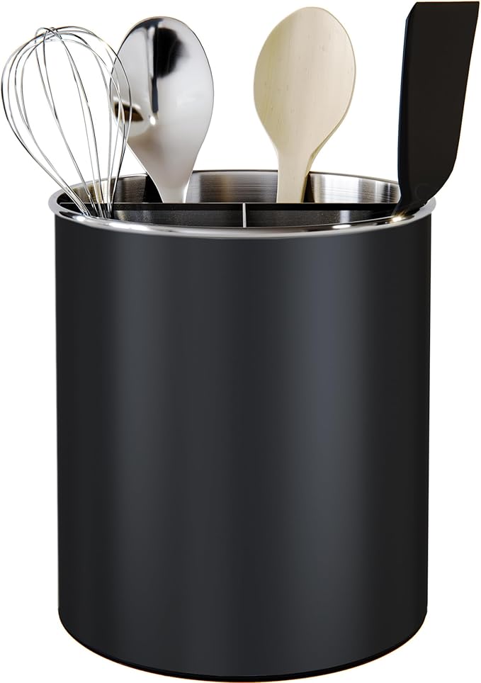 Rotating Extra Large Stainless Steel Utensil Holder Caddy with Sturdy No-Tip Weighted Base, Removable Divider, and Gripped Insert Bottom -Dishwasher Safe Metal Cooking Utensil Holder (Black)