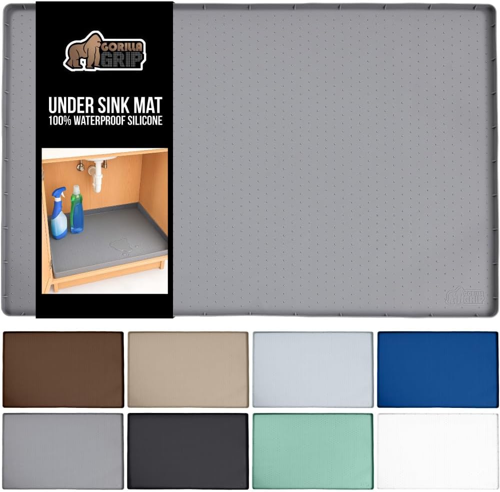 GORILLA GRIP Waterproof Silicone Under Sink Mat with Raised Lip for Kitchen and Bathroom, 28 x 22 in, Cabinet Shelf Liner Stay in Place Mats Dishwasher Safe Drawer Liner, Organizer Tray, Gray