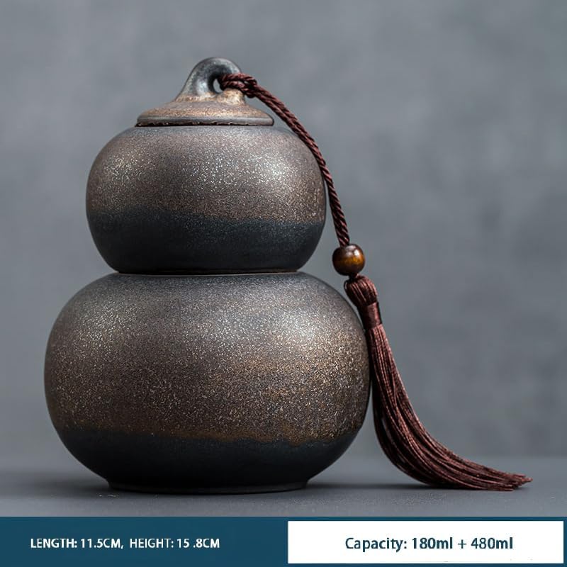 Ceramic Airtight Canister,22 Oz /660ml,Gourd Shap 2 Layers Tea Candy,Food Storage Jar for Coffee,Beans,Herb,Spices,Nuts (Stone Golden)