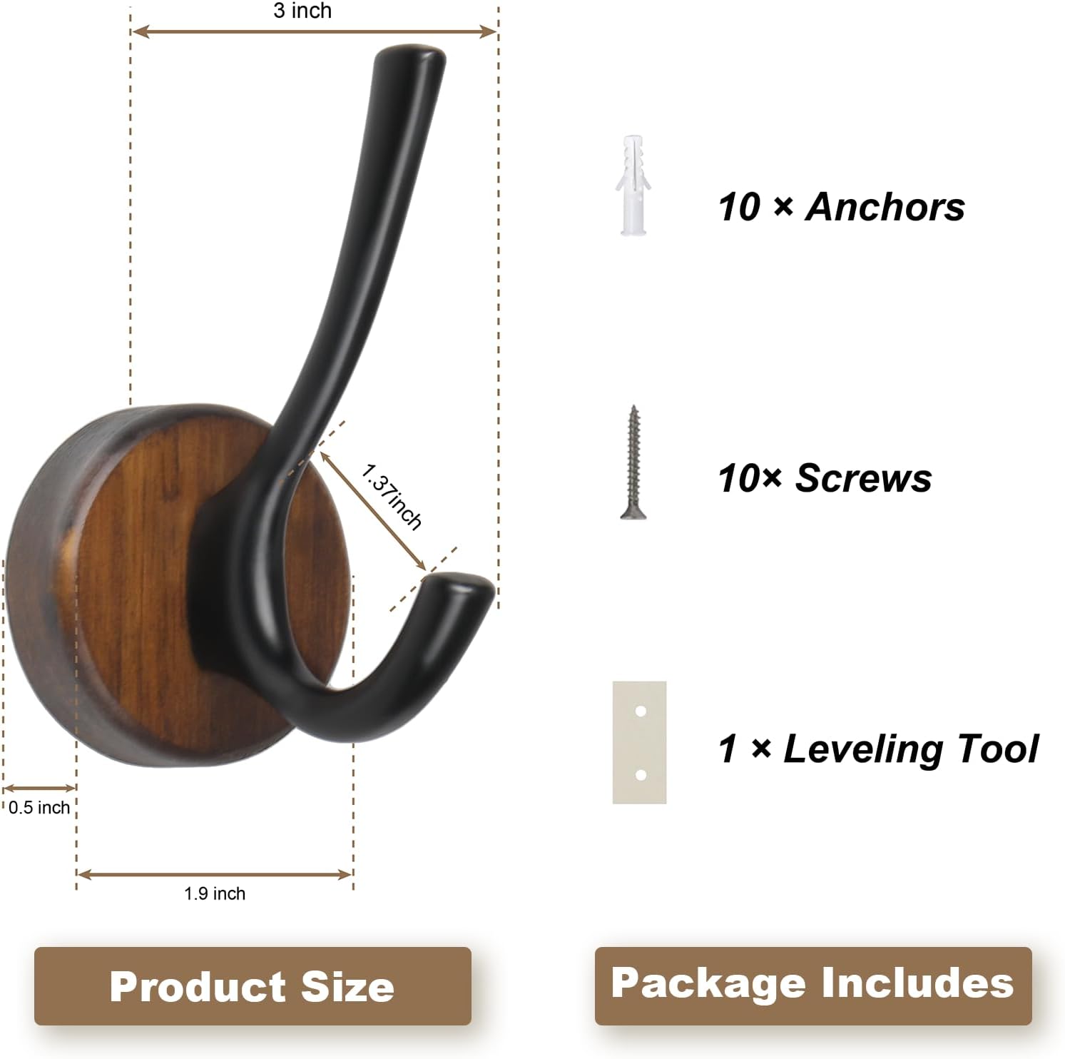 kuaima Coat Hooks Wall Mount, Round Walnut Wood Wall Hanger with Metal Double Hooks, Towel Robe Hooks Heavy Duty, Small, 4 Pcs
