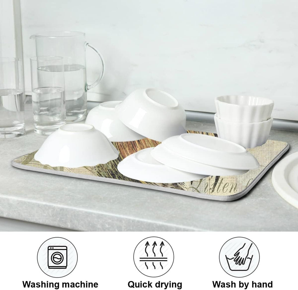 Farmhouse Rooster Dish Drying Mat 18 x 24 Inch with Hanging Loop High Absorbent Reversible Microfiber Dish Drying Pad Dish Rack Pad Drainer Mat for Kitchen Counter Coffee Bar