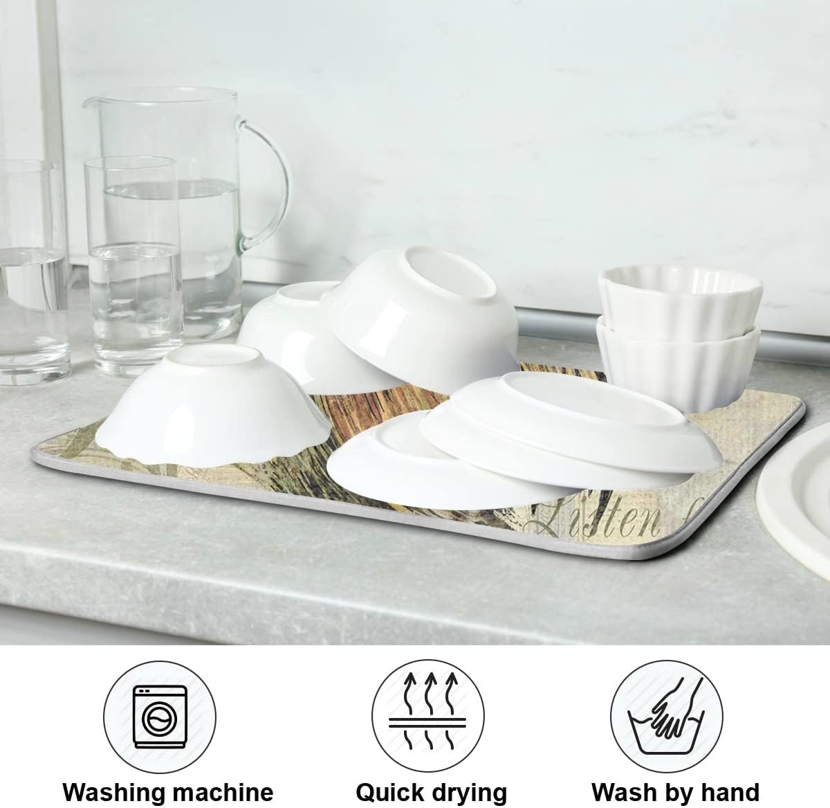 Farmhouse Rooster Dish Drying Mat 18 x 24 Inch with Hanging Loop High Absorbent Reversible Microfiber Dish Drying Pad Dish Rack Pad Drainer Mat for Kitchen Counter Coffee Bar