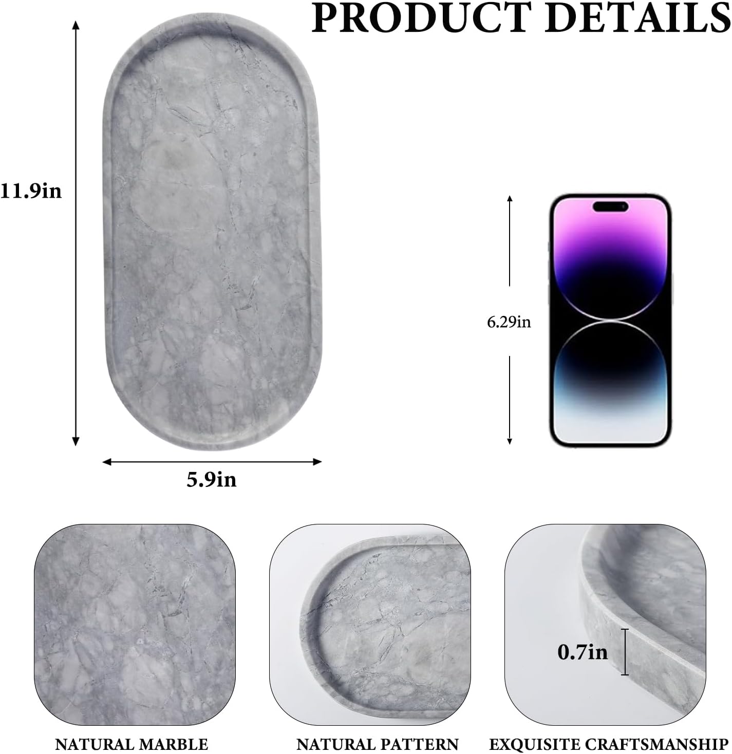 Koville Grey Marble Tray for Bathroom Countertop, 12"x6" Vanity Decorative Marble Tray for Dresser, Stone Catchall Trays for Perfume, Candles, Jewelry, Stone Gray Storage Trays for Home Decor