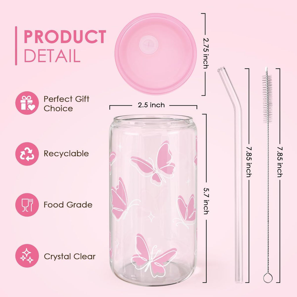 Butterfly 16 Oz Can Glass Tumbler with Acrylic Lid and Straw - Iced Coffee Cups for Women, Aesthetic Glass Cup Gift for Birthday Christmas