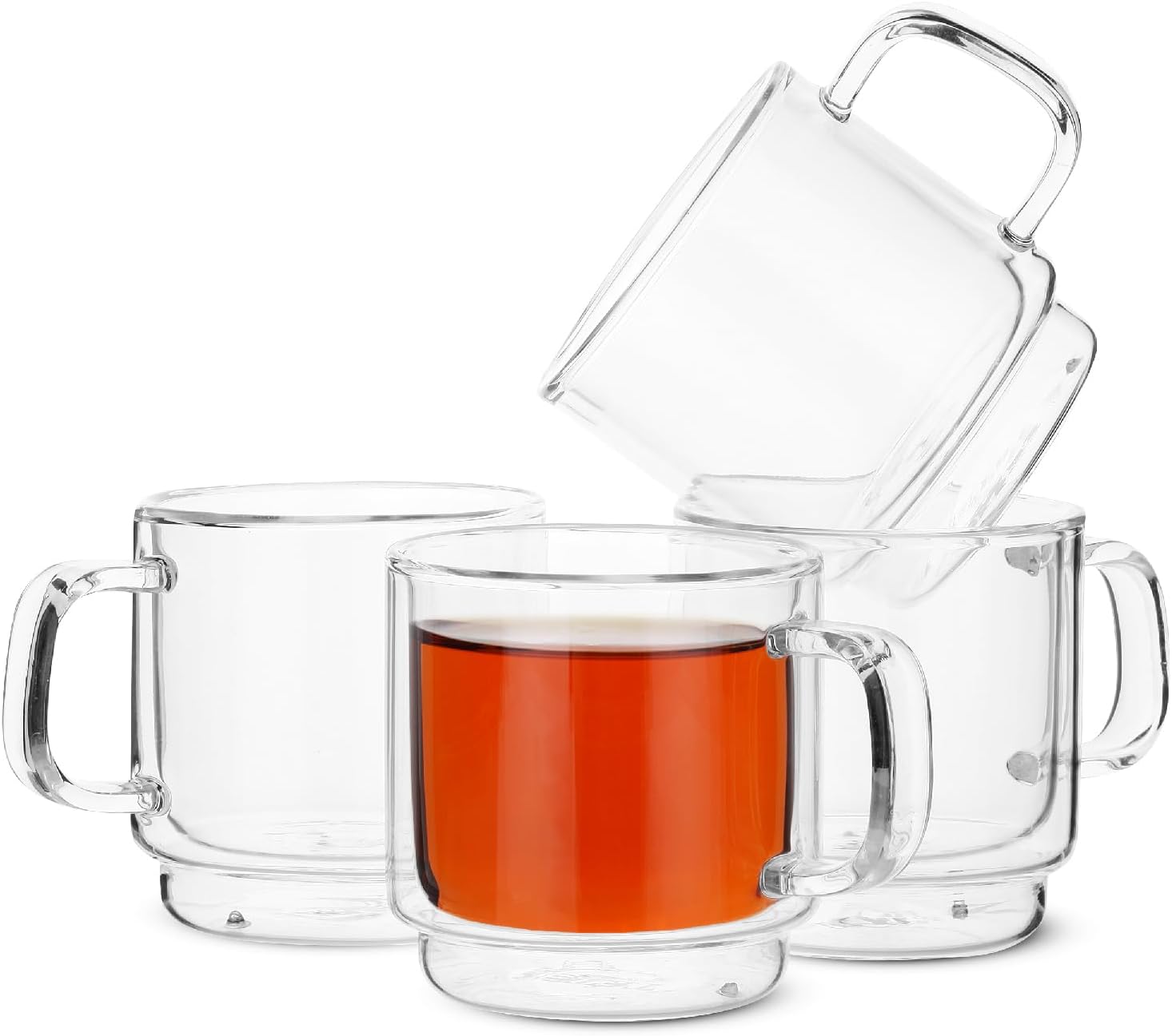 BTaT- Stackable Double Wall Glass Cups, Set of 4 (8 oz, 240 ml), Tea and Coffee Mugs, Cappuccino, Latte Cups, Clear