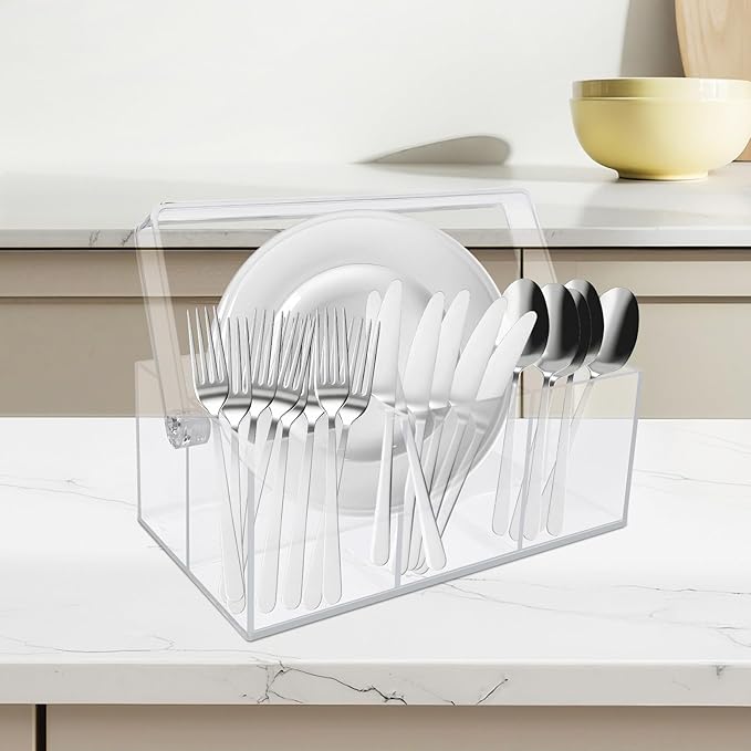 Acrylic Utensil Holder,Silverware Organizer for Countertop,Kitchen Table,Buffet & Picnic Party,Heavy-Duty Cutlery Caddy for Spoons, Forks,Knives & Napkins,Space-Saving Indoor Outdoor Essential