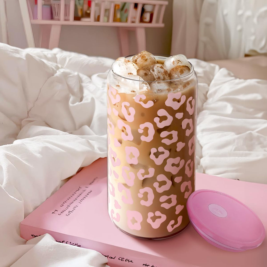 SANDJEST Leopard Glass Bottle, Pink Leopard Print Glass Cup with Lid & Straw, Iced Coffee Aesthetic Glass Can, Gifts for Women, Christmas Birthday Mother's Day