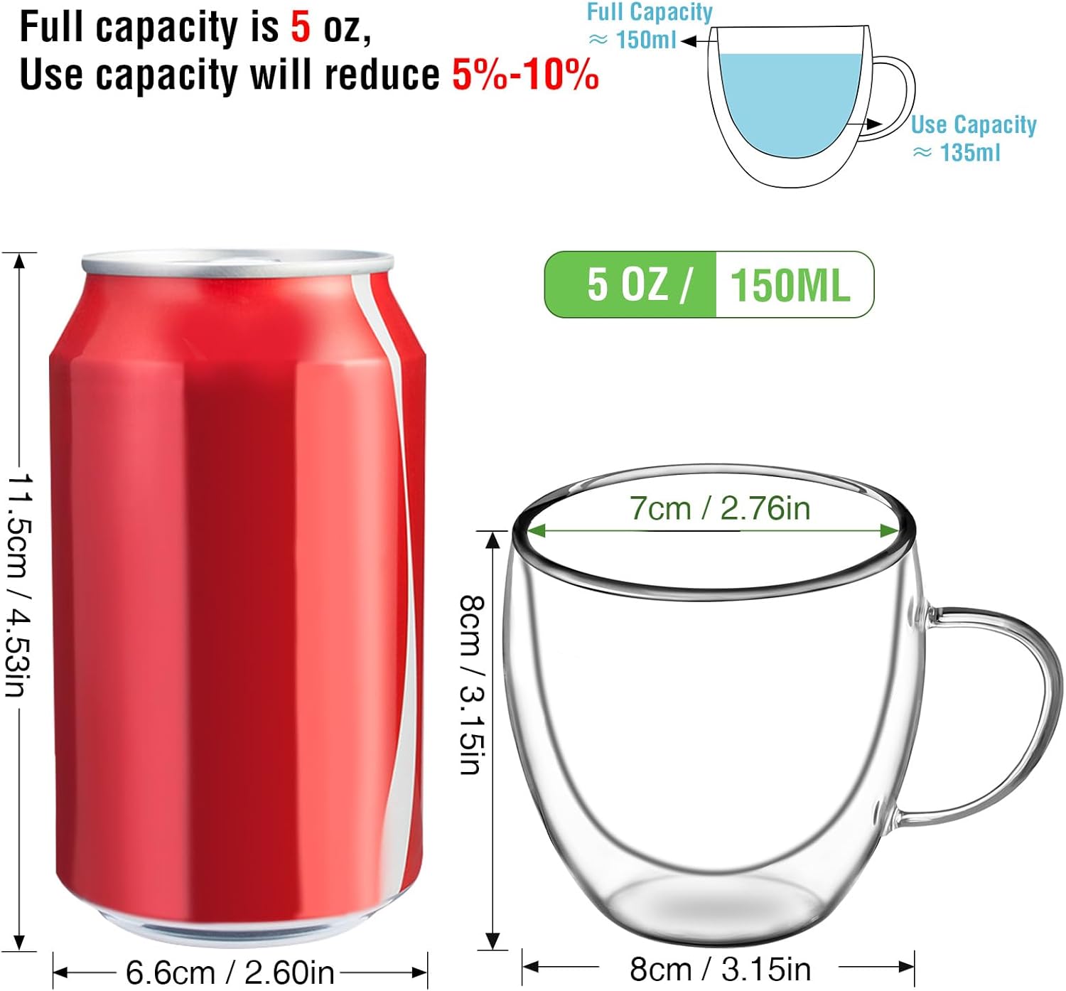 Espresso Cups Set of 4, 5 OZ Expresso Shots Glass Cups, Double Walled Glass Coffee Mugs with Handles, Espresso Machine Accessories, Insulated Espresso Shot Glasses, Clear Nespresso Cup for Cappuccino