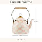 MACKENZIE-CHILDS Enamel Tea Kettle, Stylish Tea Kettle for Stovetop, Pink-and-White Rosy Check, 2 Quarts