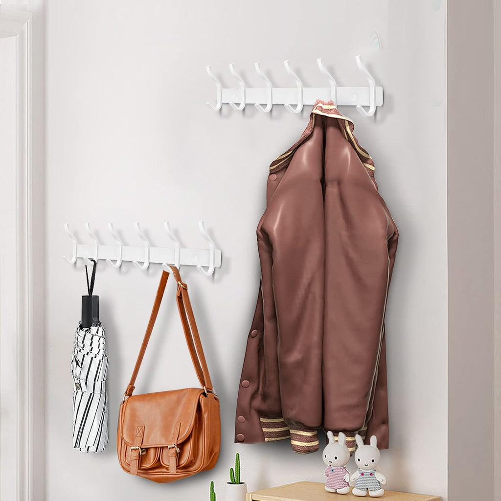 White Wall Hooks Heavy Duty, 17 Inch Coat Hooks Wall Mount with 6 Hooks,2 Packs Wall Hooks Hangers for Entryway, Bathroom - for Hanging Backpack, Bag, Coat, Purse, Hat, Towel, Clothes