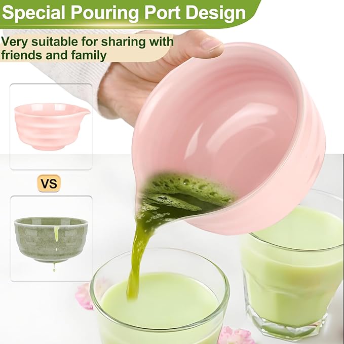 7 Pcs Matcha Whisk Set with Ceramic Bowl, Whisk, Bamboo Spoon, Holder, Sifter, Scoop and Scoop Holder, Tea Kit for Matcha Lover (Pink)
