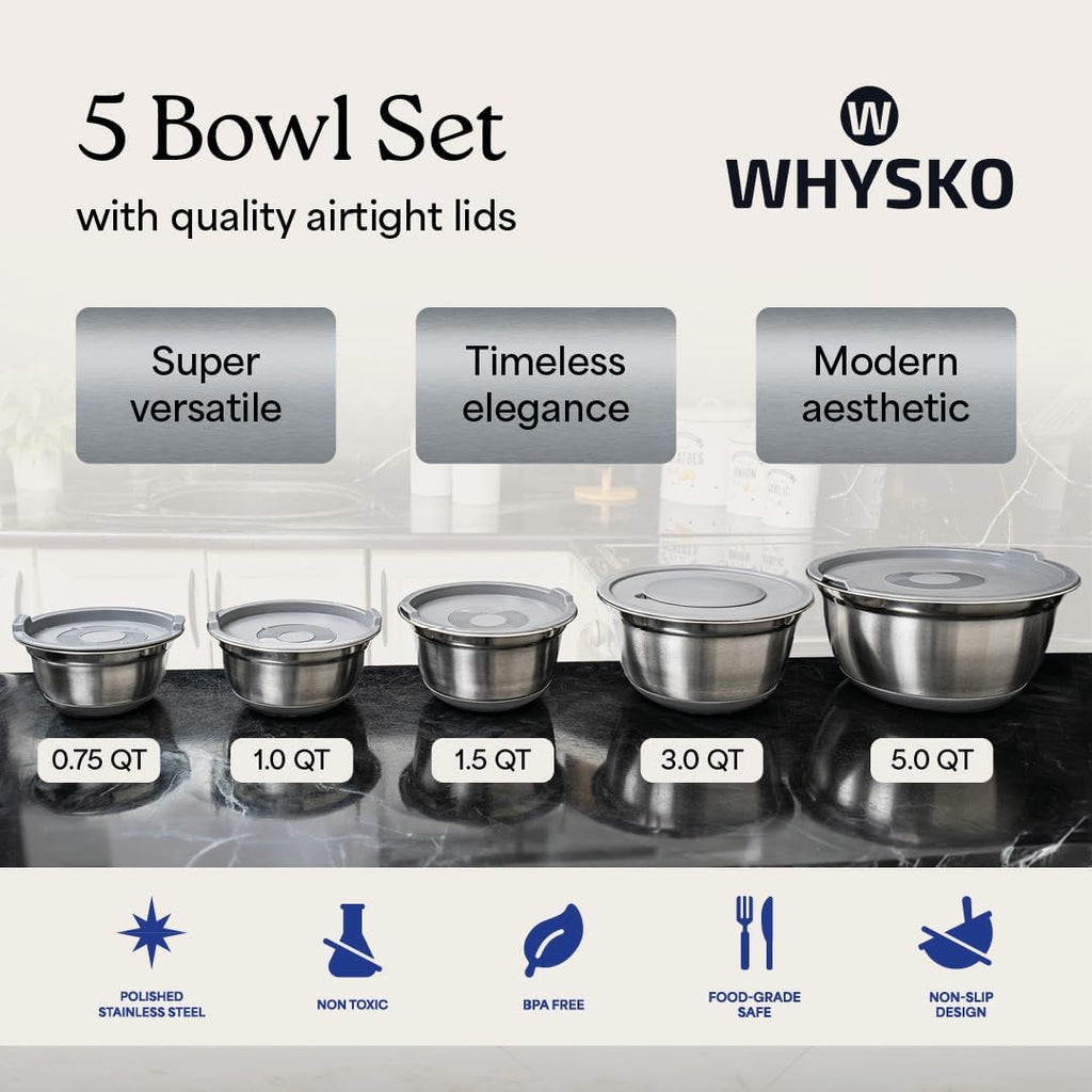 WHYSKO Stainless Steel Mixing Bowls with Lids Set - 5 Rustproof Metal Nesting Mixing Bowls for Kitchen, Meal Prep, Baking, Cooking, Storage - Includes 3 Grater Attachments, Dishwasher Safe