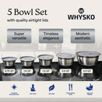 WHYSKO Stainless Steel Mixing Bowls with Lids Set - 5 Rustproof Metal Nesting Mixing Bowls for Kitchen, Meal Prep, Baking, Cooking, Storage - Includes 3 Grater Attachments, Dishwasher Safe