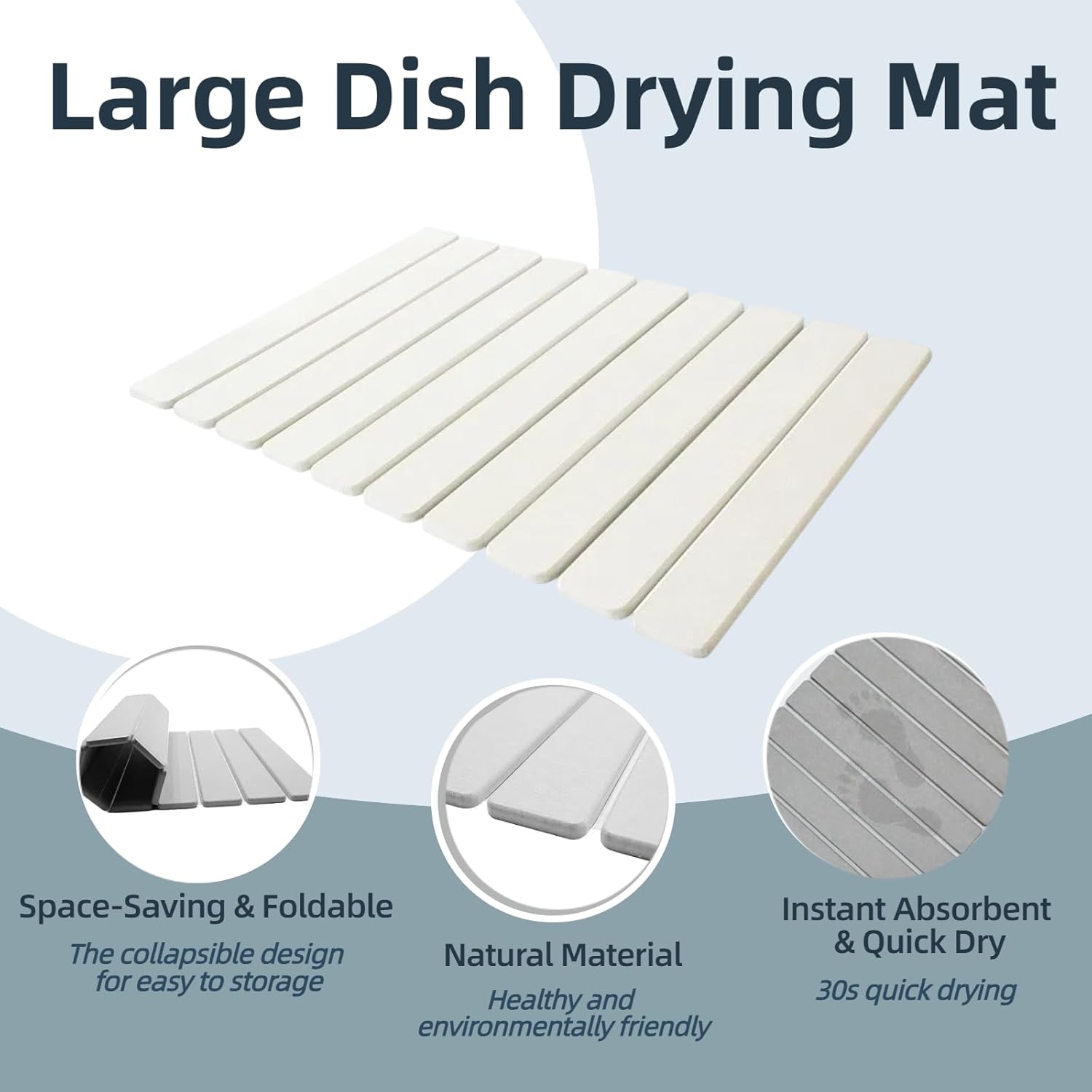 Stone Drying Mat for Kitchen Counter, 23.6" x 15.3" Foldable Diatomaceous Earth Dish Drying Mat - Large Stone Dish Drying Mat for Dishes Cups Bottles Drying, Match Any Countertop (Grey, Large)