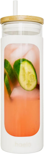 haelo 20oz Glass Tumbler Water Bottle, Iced Coffee Cup with Straw, Silicone Protective Sleeve, Bamboo Lid Reusable BPA Free (White)