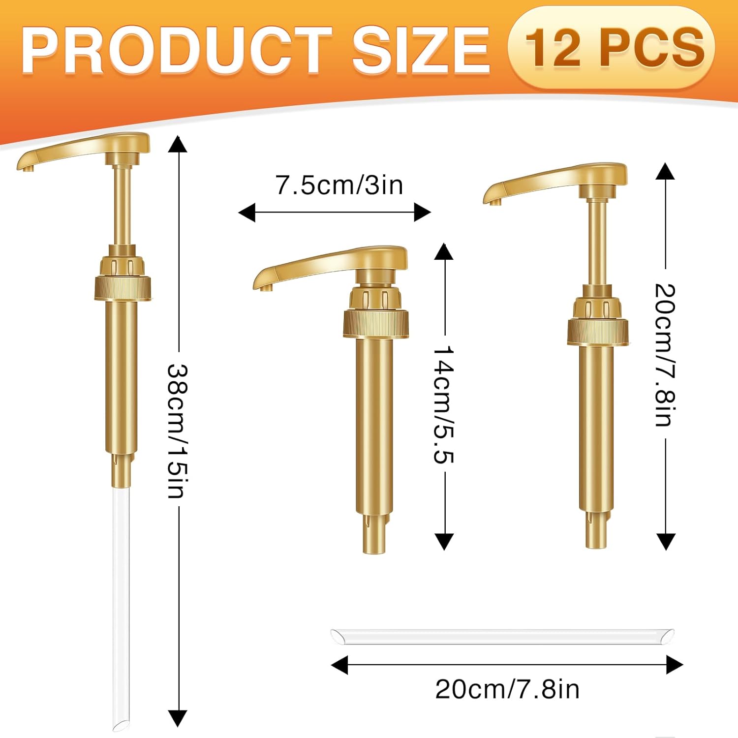 VOISEN Coffee Syrup Pumps, 12 Pack Gold Syrup Pump, Skinny Syrup Pump for 750ml 25.4oz Syrup Bottle, Syrup Pumps Dispenser for Kitchen Dinning Coffee Bar Drinking Mixes,DaVinci,Jordans