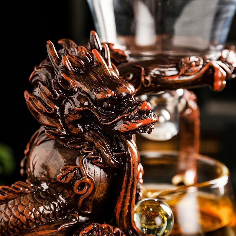 Glass Teapot Set with Infuser Semi Automatic Dragon Tea Set with 6 Small Cups (red dragon)