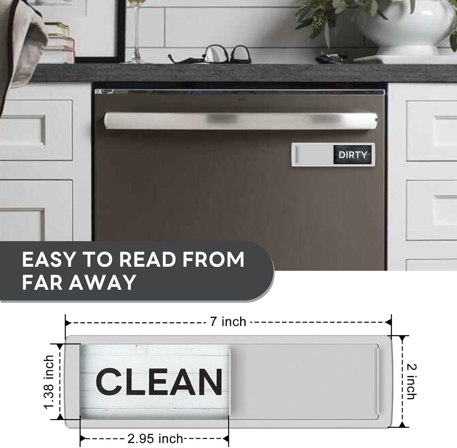 KitchenTour Dishwasher Magnet Clean Dirty Sign, Strong Magnet Clean Dirty Sign for Dishwasher, Farmhouse Wood Design Non-Scratch Dish Washer Indicator Kitchen Decor, Silver