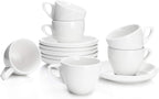 Sweese 4oz Porcelain Espresso Cups with Saucers, Set of 6 - Ideal for Espresso, Cappuccino, Latte, Tea - White