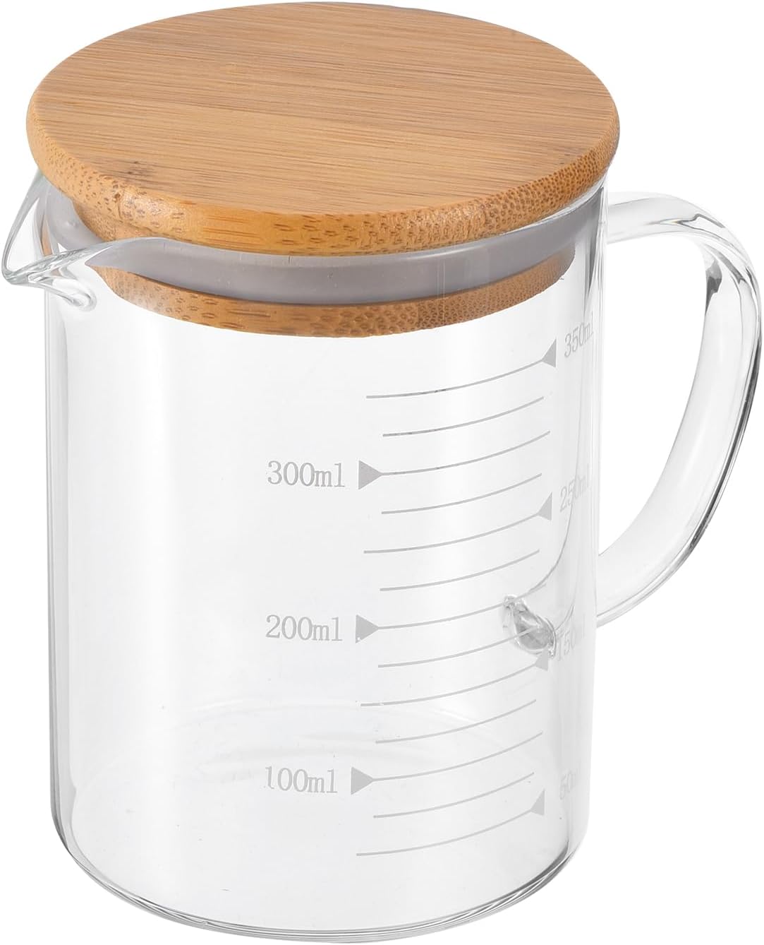 PATIKIL 350ml Glass Measuring Cup, 3.3 Borosilicate Glass Graduated White Printed Scale Liquid Measure Cups Beaker with Wood Lid and V-Shaped Spout for Kitchen