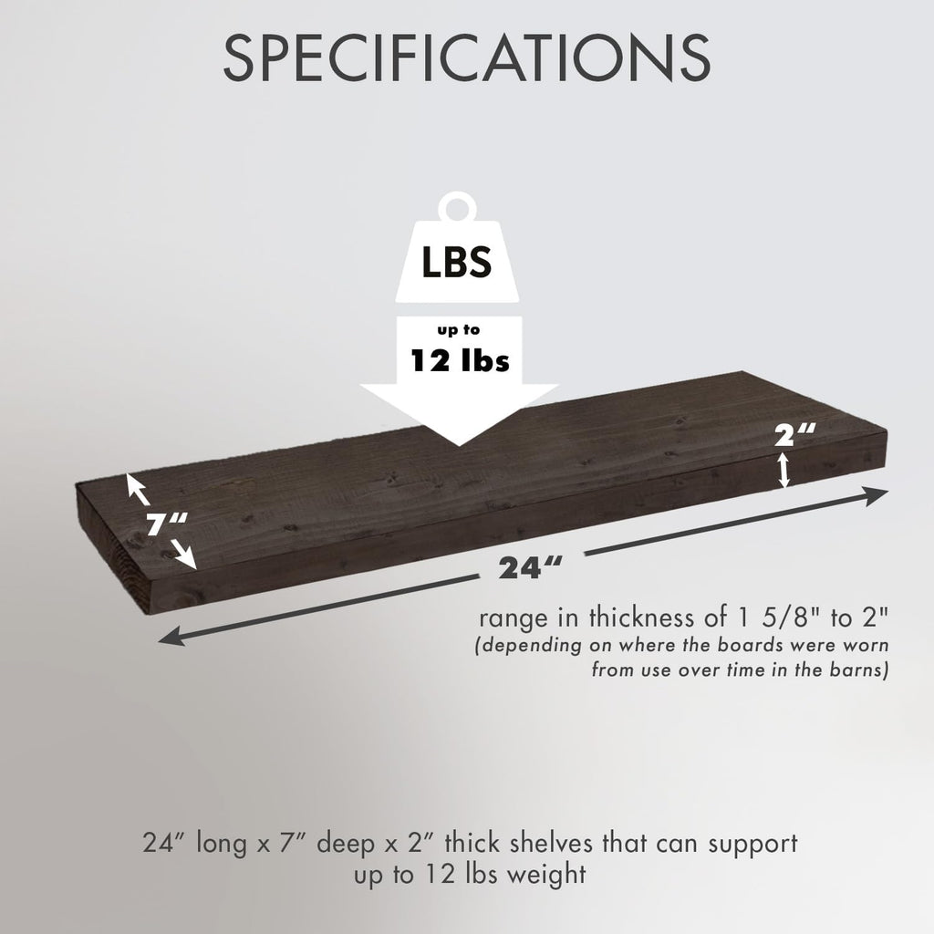 Urban Legacy Reclaimed Barnwood Planks | Floating Shelves for Wall w/Flush Mount Shelf Bracket Set Included | Set of 2 (Coffee Bean, 24"x7"x 2")