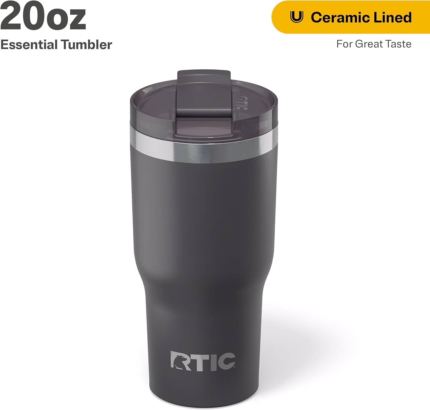 RTIC 20oz Essential Tumbler with Lid, Insulated, Stainless Steel, Metal, Double Wall Vacuum-Insulation, Ceramic Lined, Travel Cup for Iced Coffee, Tea, Hot and Cold Drink, Graphite