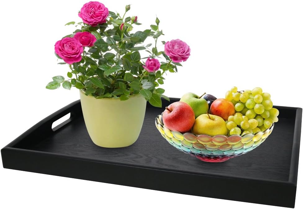 DILLMAN Serving Tray Large Black Wood Rectangle Food Tray Butler Tray Breakfast Tray with Handles (Large)