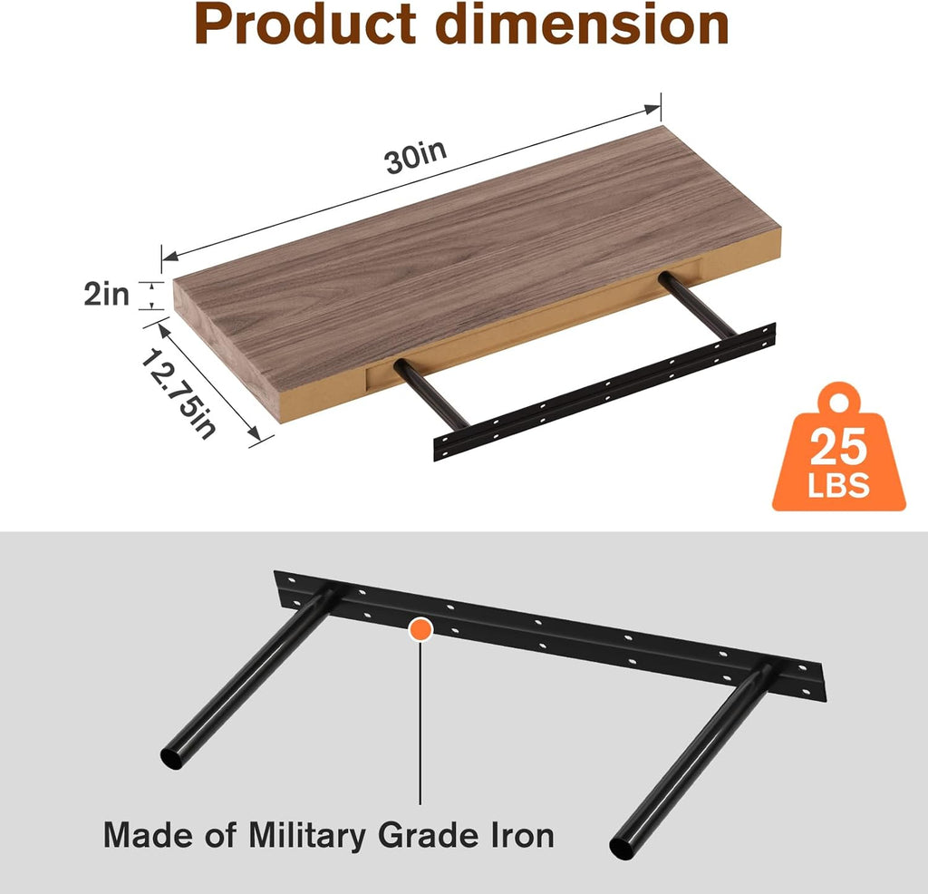 Floating Shelf, Set of 1 Wall Shelf, 30 in W x 12.75 in D x 2 in H Wooden Floating Wall Shelf with Invisible Brackets for Living Room/Bedroom/Bathroom/Kitchen Storage and Decor, Walnut