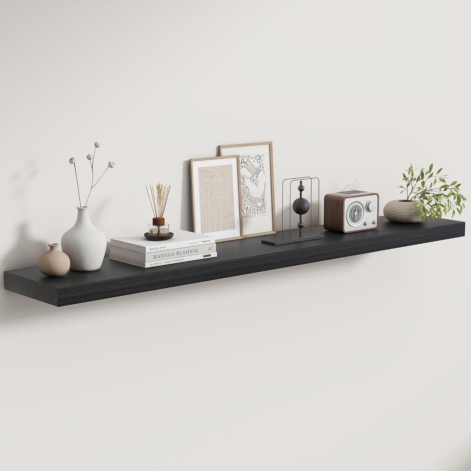 Fun Memories Rustic Real Wood Floating Shelves, 8 Inch Deep Floating Shelf Wall Mounted, 48" W x 8" D Wall Shelves Storage Shelves for Living Room, Bedroom, Bathroom, Black Finish, Set of 1