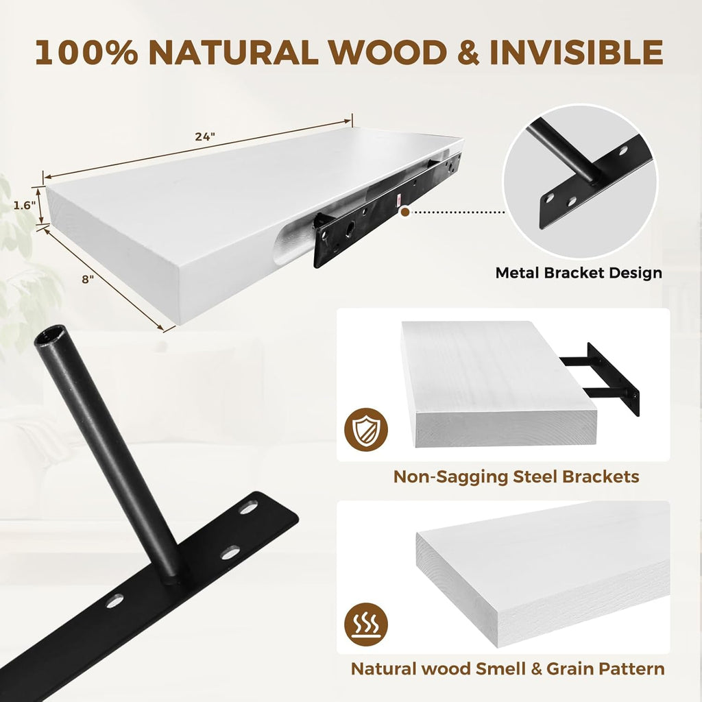 24x8x1.6 inch Floating Shelves Set of 2 – Solid Wood Rustic White Wall Mounted Shelf for Kitchen, Bathroom, Living Room