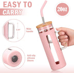 Kodrine Tumbler with Lid and Straw, 20 oz Glass Coffee Tumbler with Handle, Smoothie Cup with Bamboo Lid | Time Marker | Silicone Protective Sleeve, BPA Free -Pink