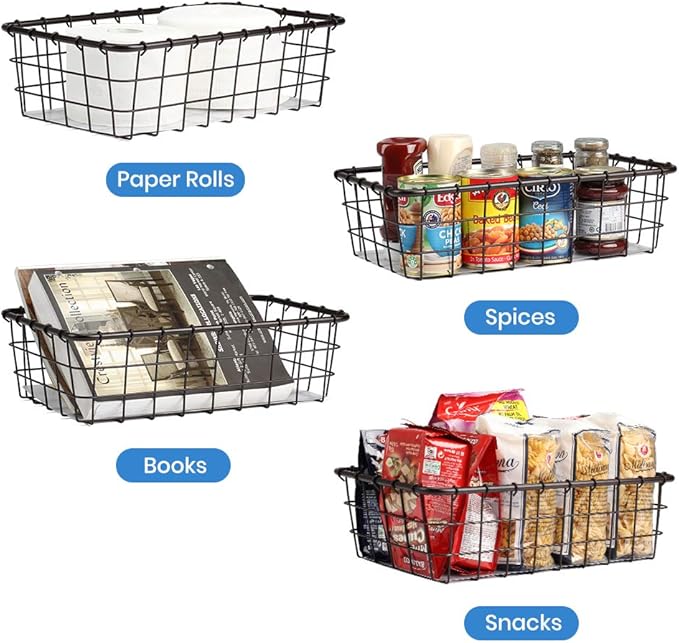 4 Pack Large Wire Baskets, 15" x 9" Metal Wire Basket for Pantry Organizers, Kitchen, Bathroom, Office, Stackable Storage Baskets, Bronze