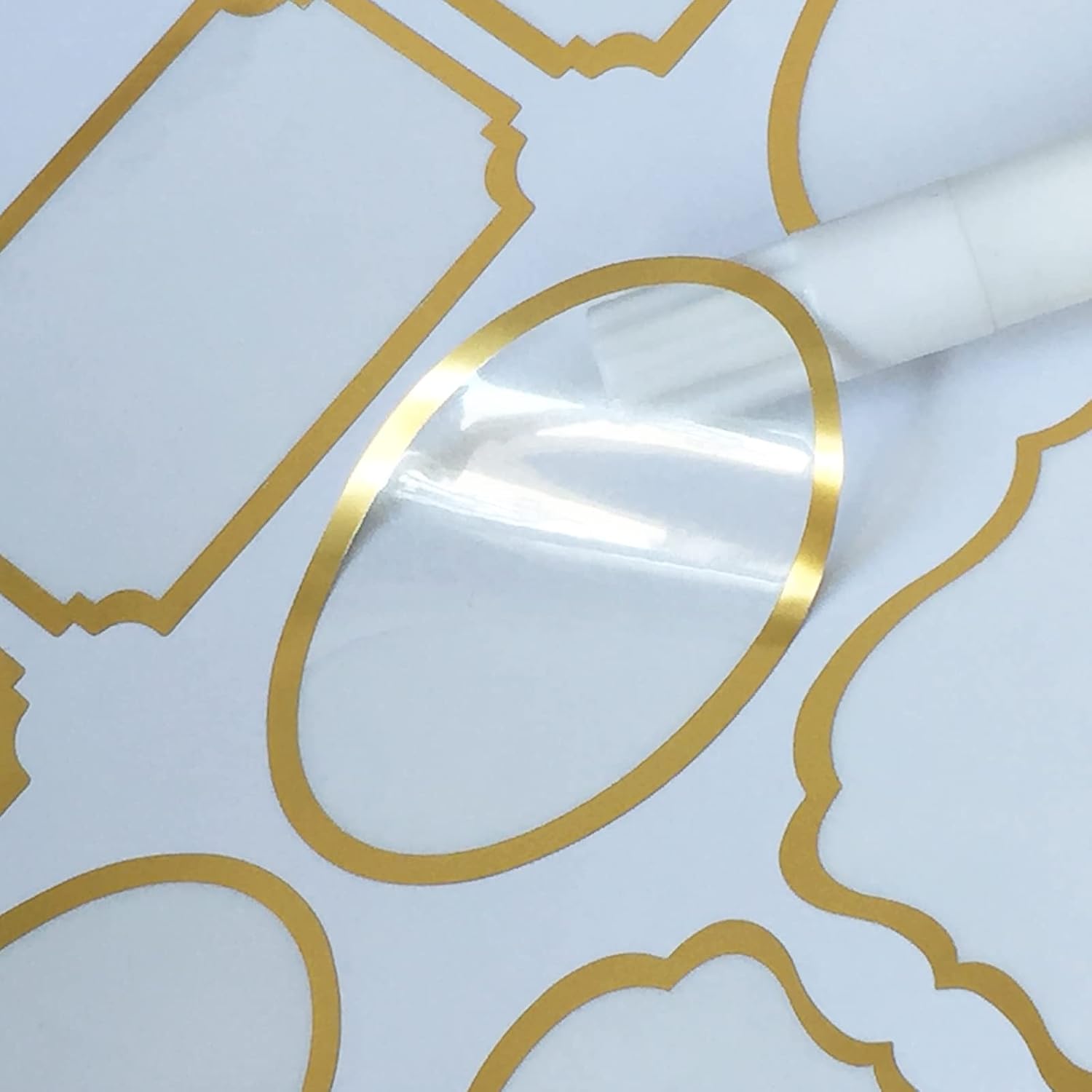 Clear Labels for Jars 180pcs Waterproof Removable Transparent Write-on Label Stickers with Gold Border,Great for Food Container Spice Bottle Condiment Flour Sugar Canisters Storage Bins,Free 2 Markers