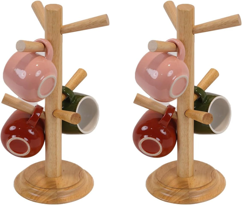 Pack 2 Mug Tree 6 Hooks Rubberwood 13.5"x7"x7", Strudy & Thick Base, Large & Small Cup Holder Tree Wooden for Jewelry, Kitchen Tools, Pantry, Ornaments, Countertop, Table Organizer (Natural)