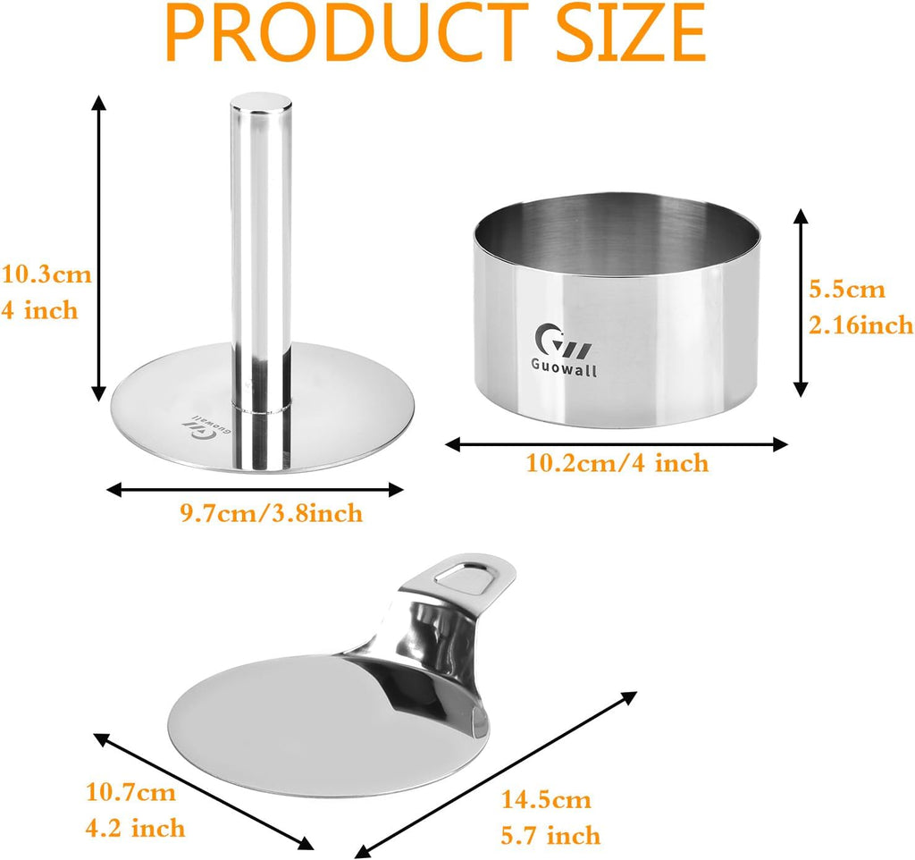 Guowall 4 pack Seamless Mousse Cake Ring set Stainless Steel 4 inch Round Food Mold Dessert Cutter for Baking (Includes 1 Lifter, 1 Pusher and 4 Rings)