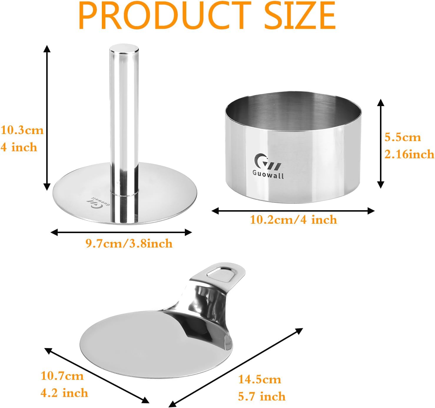 Guowall 4 pack Seamless Mousse Cake Ring set Stainless Steel 4 inch Round Food Mold Dessert Cutter for Baking (Includes 1 Lifter, 1 Pusher and 4 Rings)