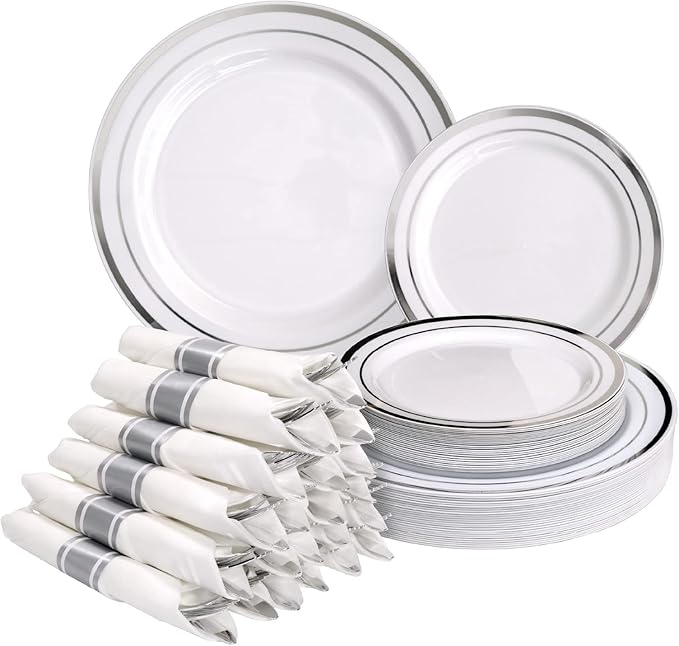 Pre Wrapped Cutlery Set- 25 sets of Fork, Knife, Spoon wrapped in a napkin - 25 Small Plates- 25 Big Plates (Silver)