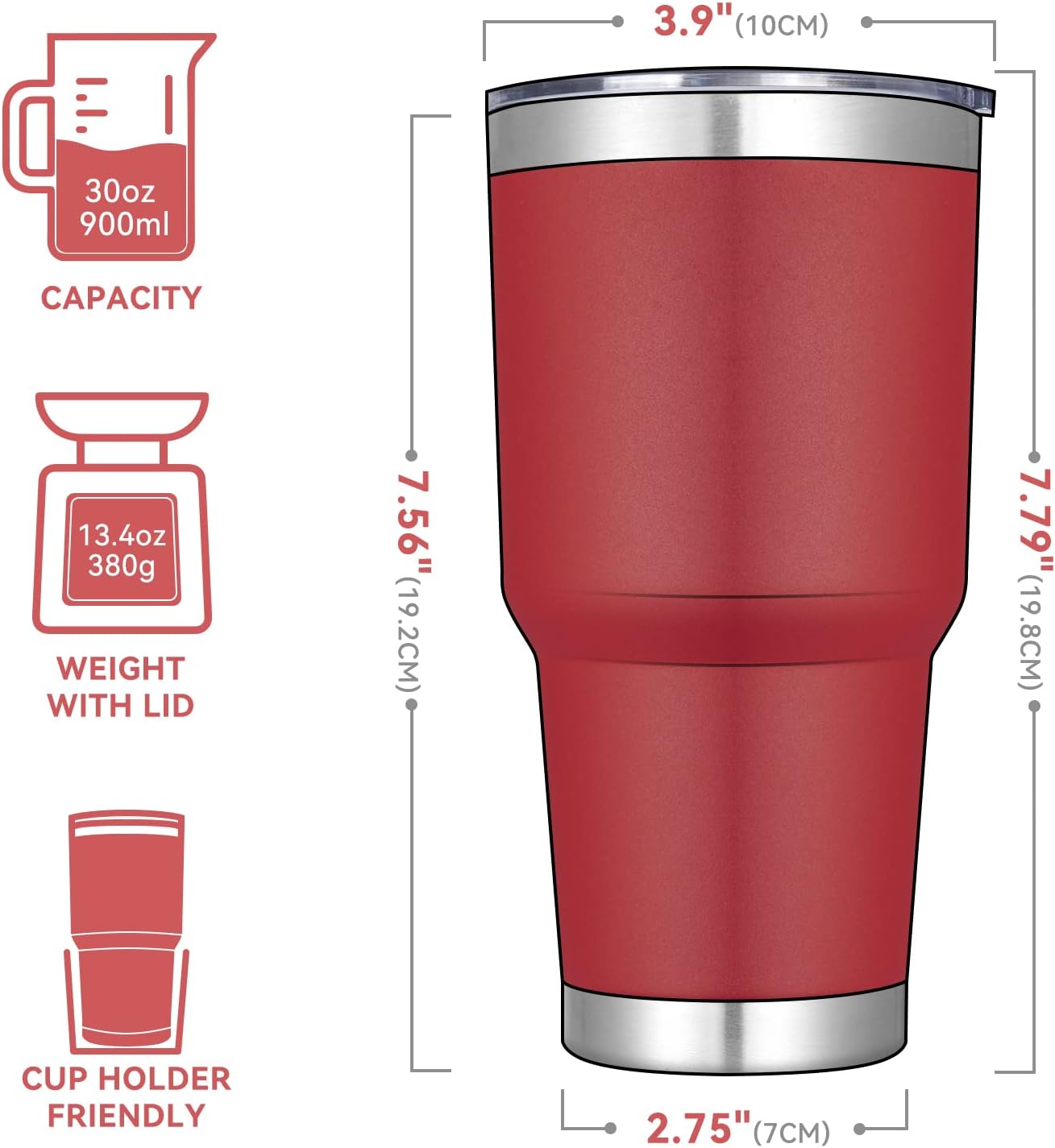 DOMICARE 30 oz Tumbler with Lid and Straw, Stainless Steel Tumblers Bulk, Insulated Vacuum Double Wall Travel Coffee Mug, Durable Powder Coated Tumbler Cups (Red, 4)