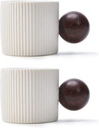 Ceramic Mini Espresso Cups Demitasse Cups with Round Wooden Handle Vertical Stripes Tea Cups (white, 2pcs)