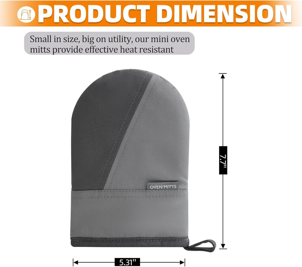 Mini Oven Mitts, Kitchen Oven Gloves Kitchen Mittens 500 Degrees Heat Resistant Baking Gloves, Non-Slip Silicone Surface with Hanging Loops Hot Gloves for Cooking, Baking, BBQ 1 Pair-Gray