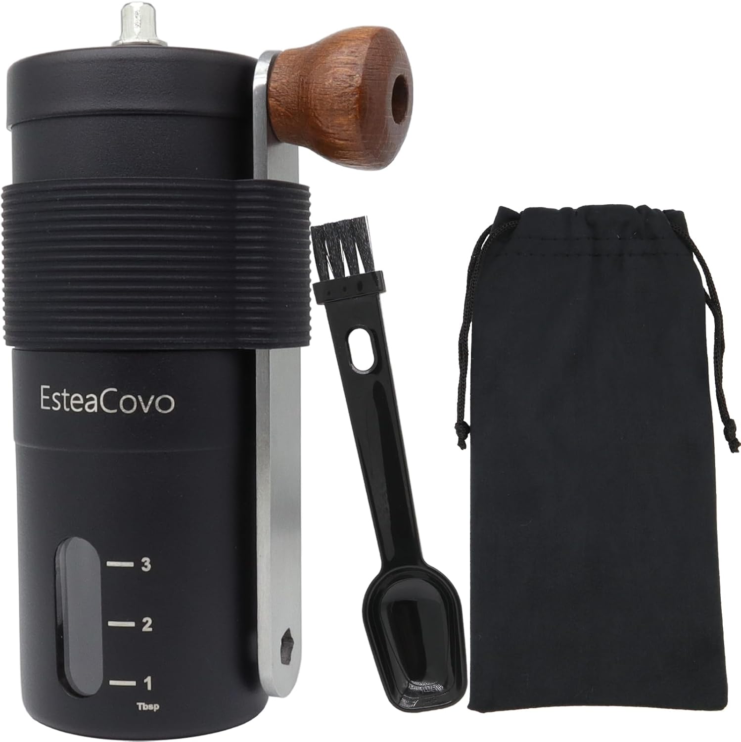 Manual Coffee Grinder for Home Use, Ceramic Burr Hand Crank Automatic Coarseness Stainless Steel Espresso Bean Mill for Travel Camping with Portable Storage Pouch, Easy to Clean Brush Spoon