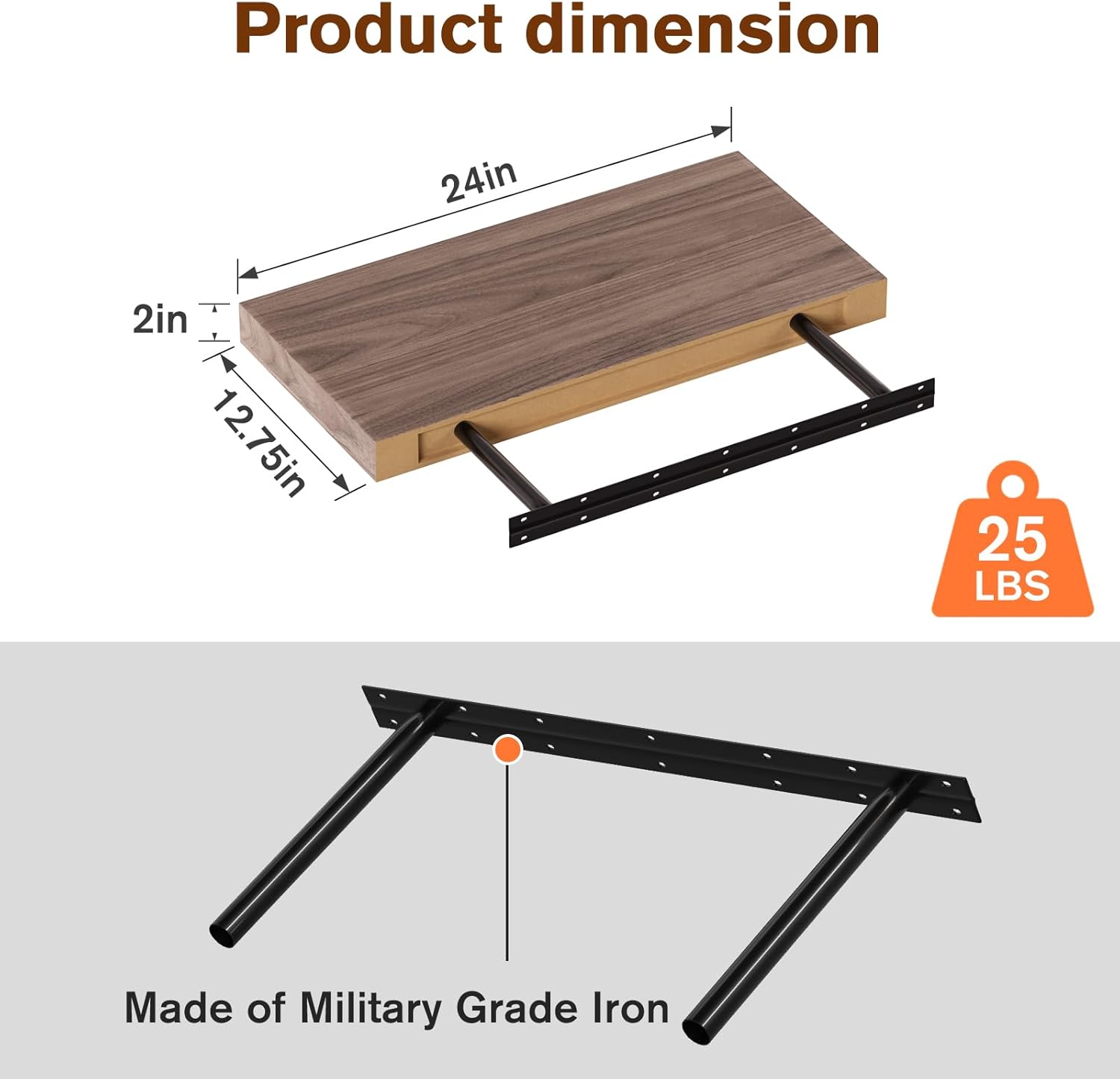 Floating Shelf, Set of 1 Wall Shelf, 24 in W x 12.75 in D x 2 in H Wooden Floating Wall Shelf with Invisible Brackets for Living Room/Bedroom/Bathroom/Kitchen Storage and Decor, Walnut