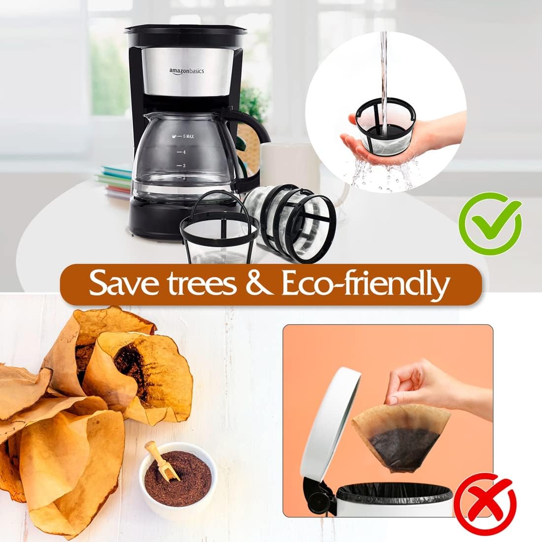 Replacement 4 Packs Reusable Coffee Filters For Mr. Coffee 4-5 Cup Drip Coffeemakers-Nylon Mesh With Handle